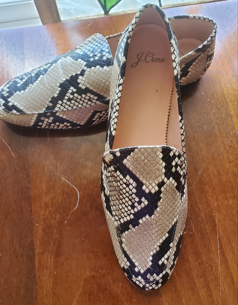 J. Crew Snake-Print Slip-On Flats in Black and Cream